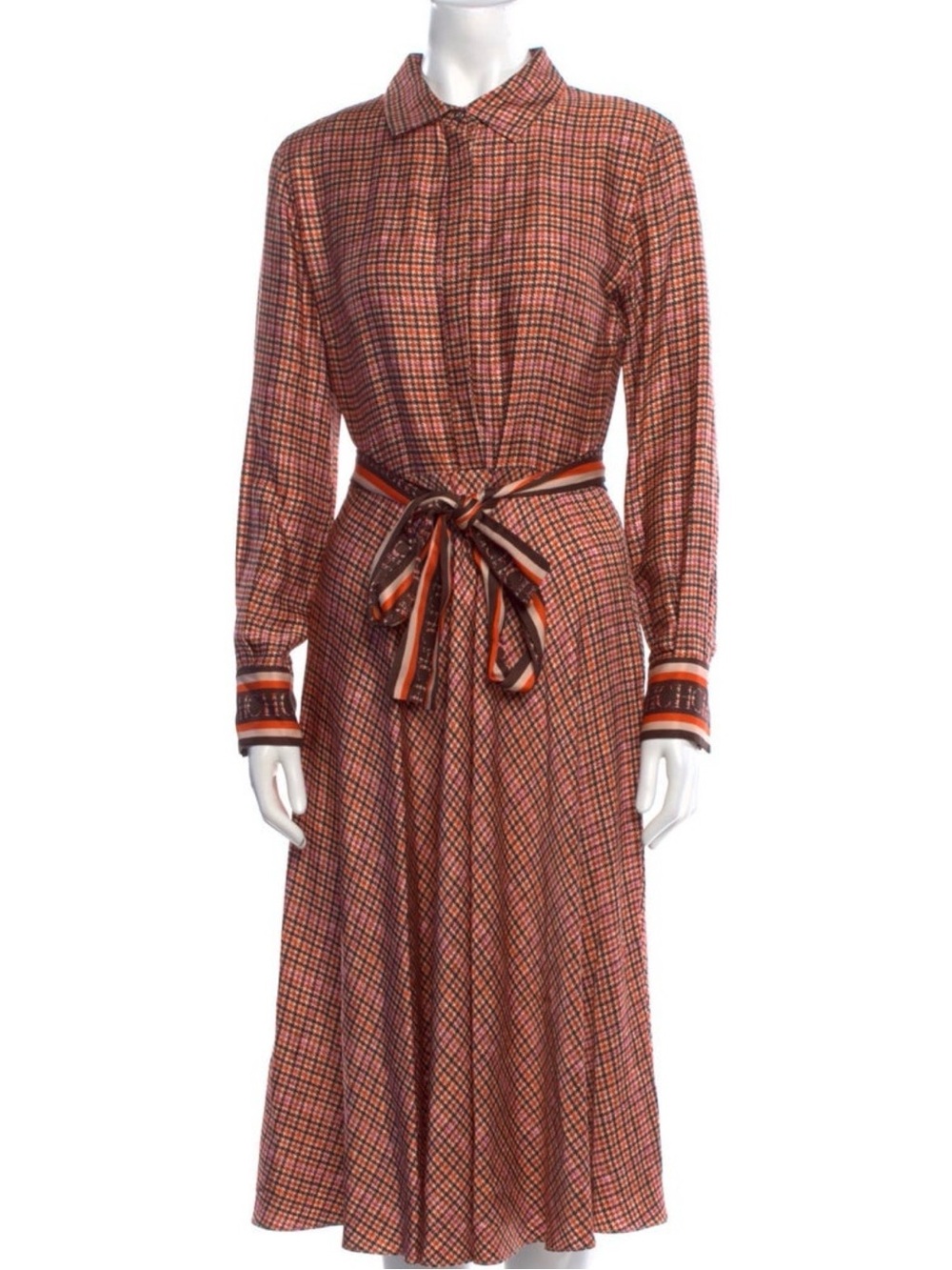 Rust Plaid Long-Sleeve Belted Midi Dress